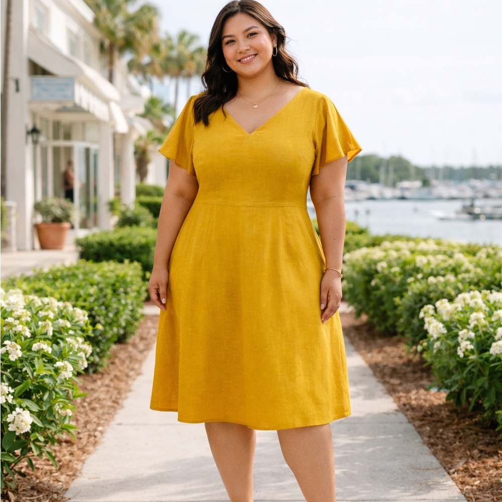 Ann Taylor Factory Petite 14P Mustard Yellow Linen Blend Fit & Flare Dress